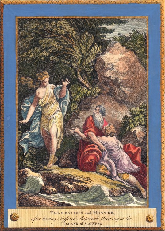 Charles Monnet. Telemachus and Mentor. Watercolor engraving from The Adventures of Telemachus book. 1774