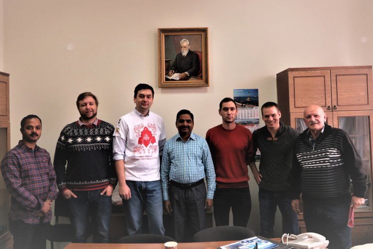 Photo showing the project participants from India (Annamalai University, Chennai) – professor Ramadoss Venkatachalapathy (center) and doctor Guganathan Loganathan (far right) with colleagues from Marine Hydro-Physical Institute (Sevastopol) during their visit to Russia. Project manager A. V. Bagayev is the third from the left, project participant A. I. Mizyuk – the second from the left. The photo was taken at the Marine Hydro-Physical Institute during the meeting devoted to the prospects of further cooperation. Photo from the archive of Andrey Bagayev.