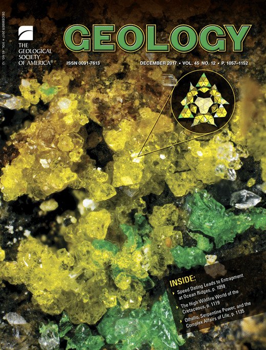 Ewingite is considered the most complex of all known minerals, and its appearance is associated with human activity. This mineral was formed at the extraction site of the first uranium for the first Soviet atomic bomb: in the mines of the city of Jáchymov, Czech Republic. Pictured: ewingite on the cover of Geology journal, 2017 Photo source: https://www.researchgate.net