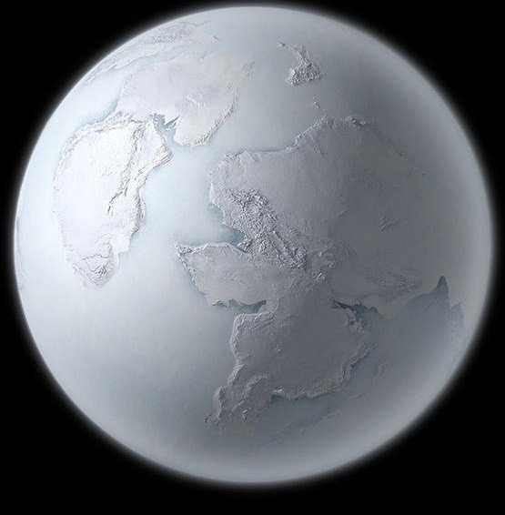 The Snowball Earth hypothesis proposes that Earth could become completely covered with ice several times 720–635 million years ago. Image source: Wikipedia.
