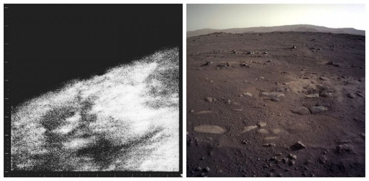 На фото слева  ─ первый в истории снимок Марса, полученный космическим аппаратом Mariner 4 с близкого расстояния. 1965 г., фото справа ─ изображение Марса, сделанное в марте 2021 года американским аппаратом Perseverance. Источник фотографий: NASA.