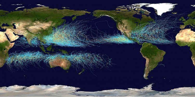 This map shows the tracks of all Tropical cyclones which formed worldwide from 1985 to 2005. The points show the locations of the storms at six-hourly intervals and use the color scheme shown to the right from the Saffir-Simpson Hurricane Scale. However, remnants of the storms are not shown as triangles
