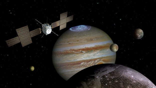 Spacecraft: ESA / ATG medialab; Jupiter: NASA / ESA / J. Nichols (University of Leicester); Ganymede: NASA / JPL; Io: NASA / JPL / University of Arizona; Callisto and Europa: NASA / JPL / DLR