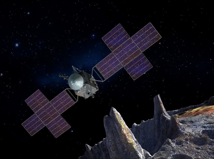 Artwork of the Psyche spacecraft near metallic asteroid Psyche. Author: Peter Rubin. Source: NASA / JPL-Caltech / Arizona State Univ. / Space Systems Loral / Wikipedia