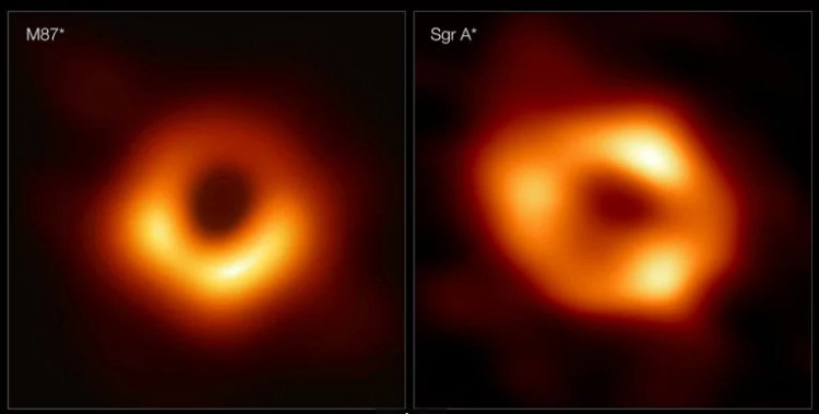 Comparison of two images: the first-ever photographed black hole (2019) in the M87 galaxy and an image of supermassive black hole Sagittarius A* in our Galaxy. The images show light distorted by the strong gravity of black holes. Source: Event Horizon Telescope. 