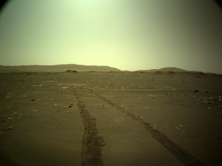 Martian landscape. The photo was taken on April 8, 2021 from the left navigation camera of the NASA Mars Perseverance rover