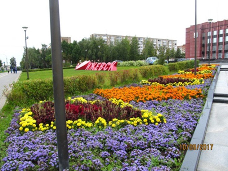 Izhevsk, 2017. Ornamental flowerbeds near the Izhevsk City Administration, Pushkinskaya Str.