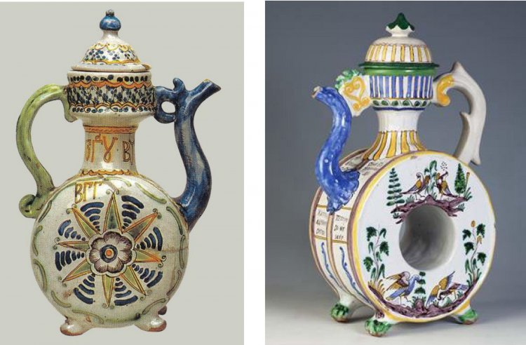A kvass flask and a Turkic jar. 19th century. Gzhel, majolica