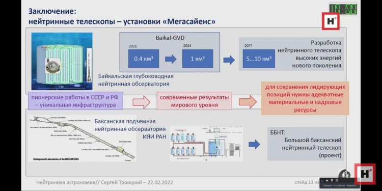 Conclusion: neutrino telescopes are megascience class installationsBaikal GVDDevelopment of a new generation high-energy neutrino telescopePioneer works in the USSR and Russia – a unique infrastructure Modern world-class resultsAdequate material and human resources are needed to maintain a leading positionBaikal-GVDBaksan Large Underground Scintillation Telescope (project)