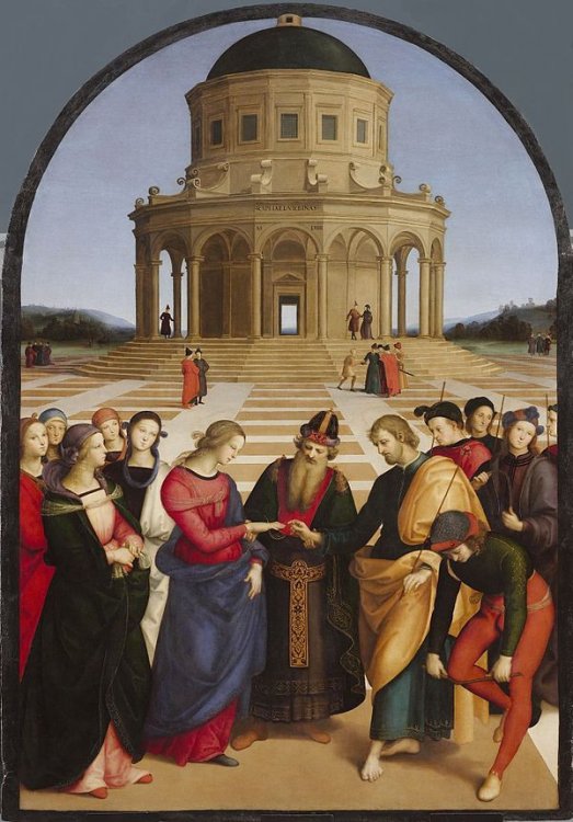 Raphael Santi. The betrothal of the Virgin Mary. 1504. The main action – putting the wedding ring on Maria’s finger – is placed in the very center of the composition. The temple is symmetrically located in the background, in the very center. Thus, the viewer can immediately identify core actions of the picture, correlate them and understand their meaning. Some figures of the composition still break the symmetry, being located outside of a certain sequence. Thus, symmetry and asymmetry in the composition help to highlight the main actions and together create a harmonious piece of art