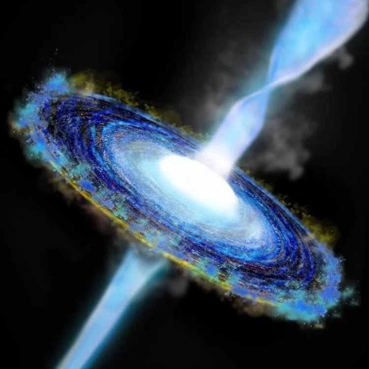 Blazars are a type of quasars, active galactic nuclei, with supermassive black holes at their center. Quasars emit narrow and powerful plasma jets, and blazars are quasars, the jets of which are aimed directly at Earth. Reference source: RAS website. Photo: Artist’s impression of a blazar. Image source: Universe Around Us.