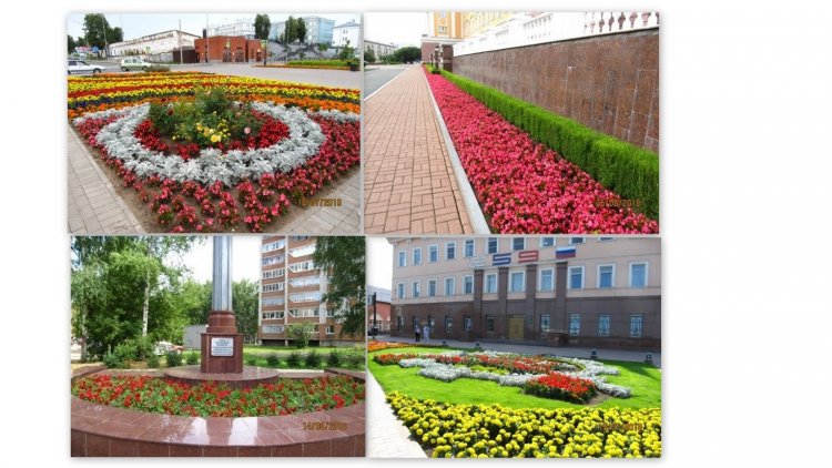 Left top: SARAPUL, descent to the embankment, 2019; right top: IZHEVSK, floral design of the square (main entrance) of the residence of the head of the Udmurt Republic, 2018; left bottom: GLAZOV, Monument in honor of responders to man-made accidents, Revolyutsionnaya Str., 2018; right bottom: VOTKINSK, Votkinsk Plant, floral design, 2019.
