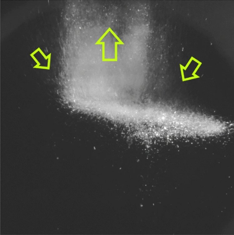 A video frame of a cloud of superconducting ceramic grains levitating in superfluid helium, carried away from the heated area by a convective ascending flow. The arrows show the direction of the grain movement. On the left, the cloud is illuminated with laser radiation. Photo source: Scientific Reports, from the JIHT RAS scientists' article “Experimental evolution of active Brownian grains driven by quantum effects in superfluid helium.”