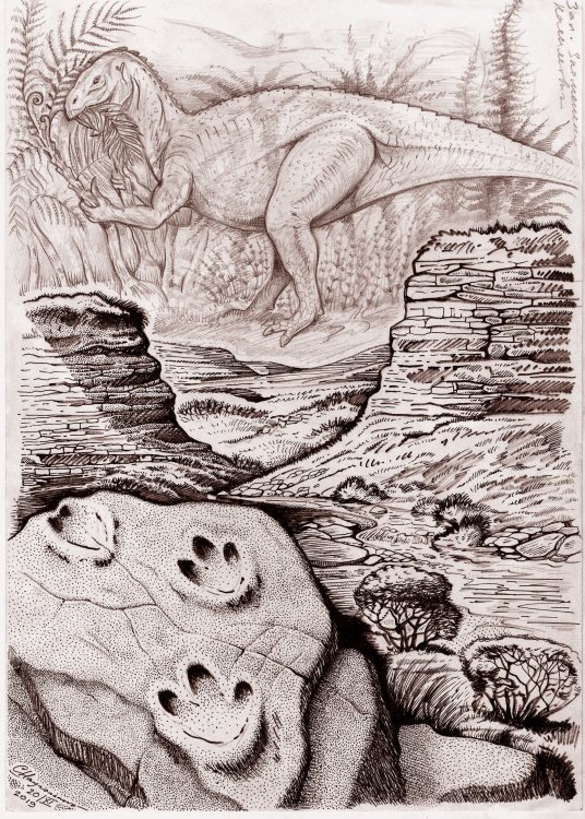 Pictures of the distant past emerge from oblivion in the Fore-Caucasus region gorges over the slabs with dinosaur footprints. Illustration provided by S. V. Naugolnykh.